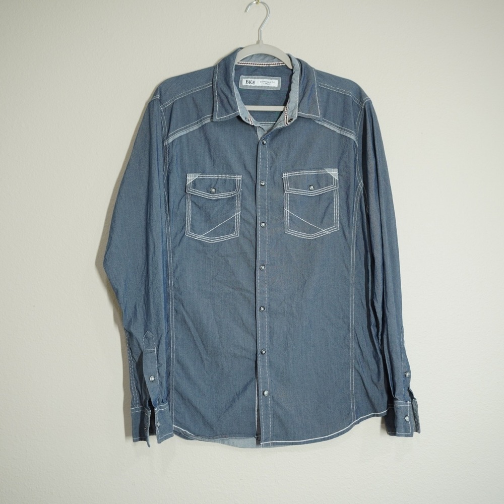 BKE Men's Size Large Standard Fit Blue Long Sleeve Snap Front Western Shirt